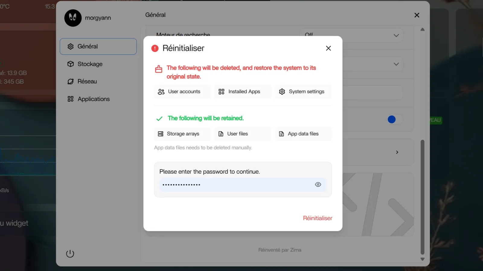 Reinitialiser-ZimaOS-Reinitialisation