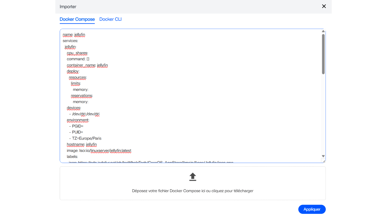 Copier-coller dans la fenêtre le code de configuration