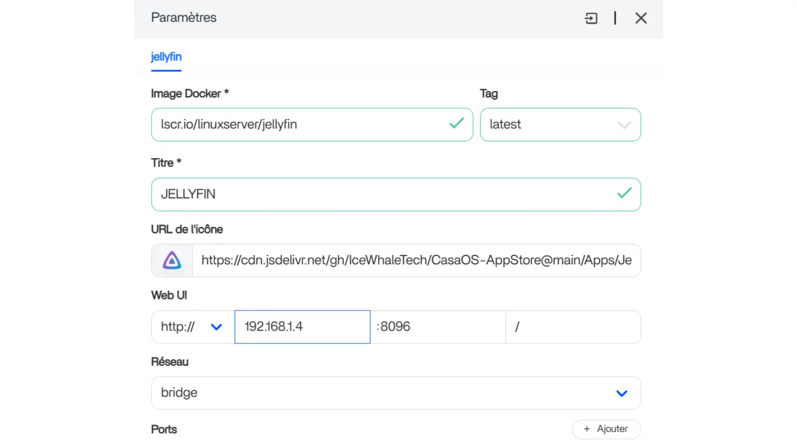 Sur le Panneau Paramètres, maintenant pré-rempli, modifiez,