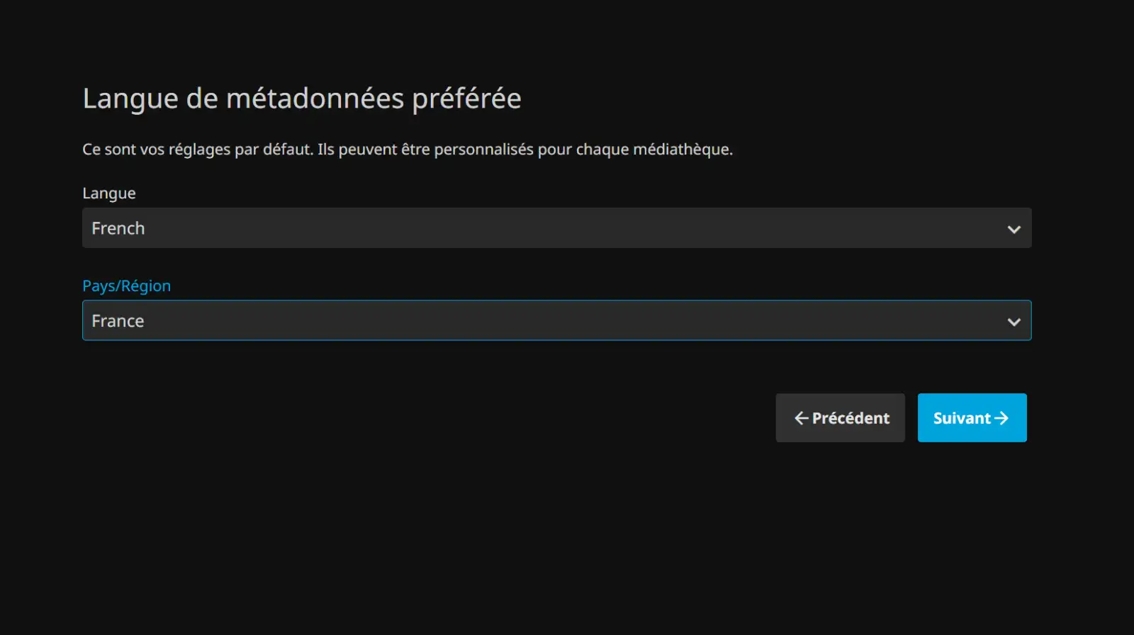 Indiquez la Langue de métadonnées préférée