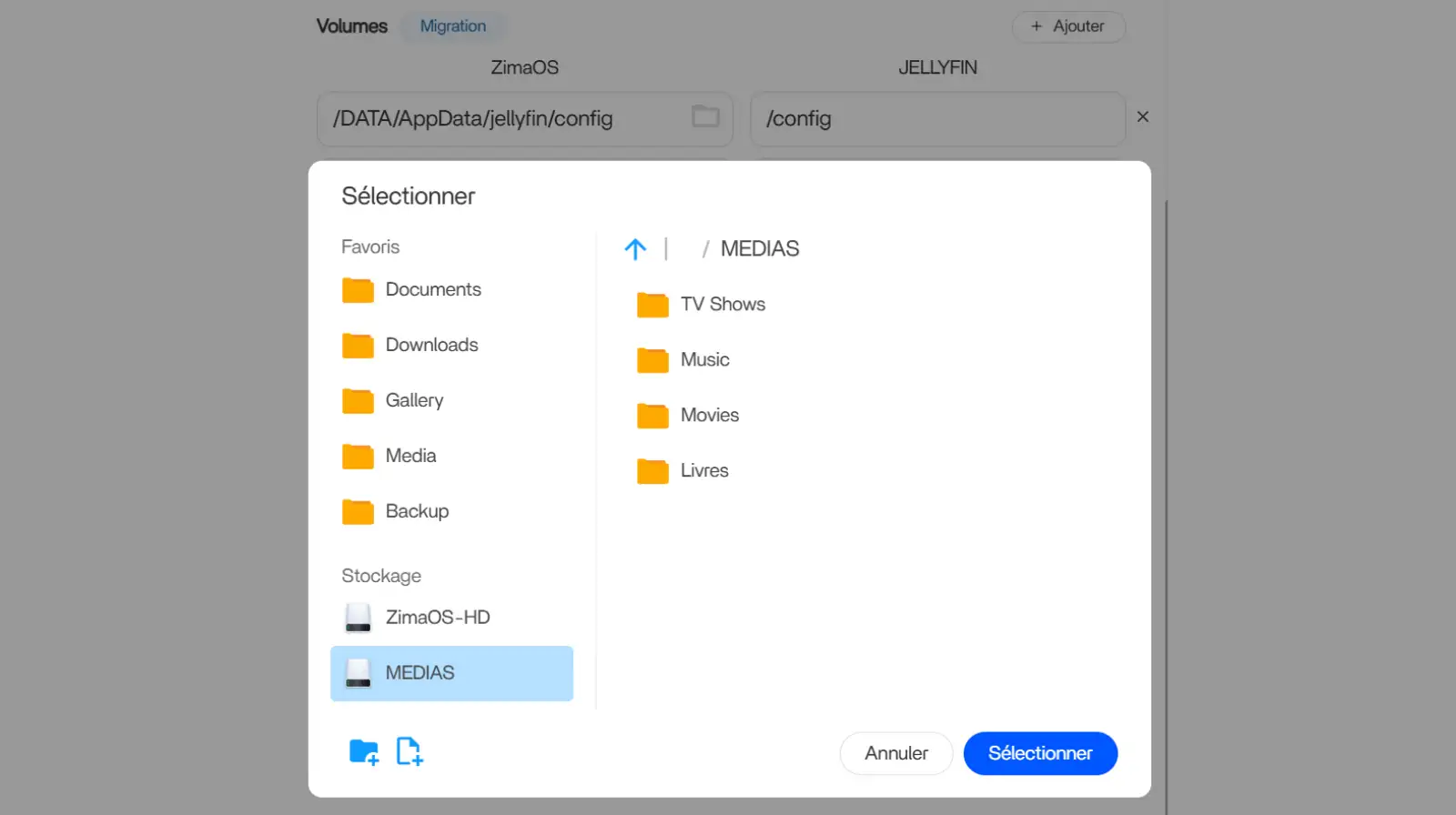 Indiquez le chemin du dossier ou volume où sont stockés vos sous dossiers médias