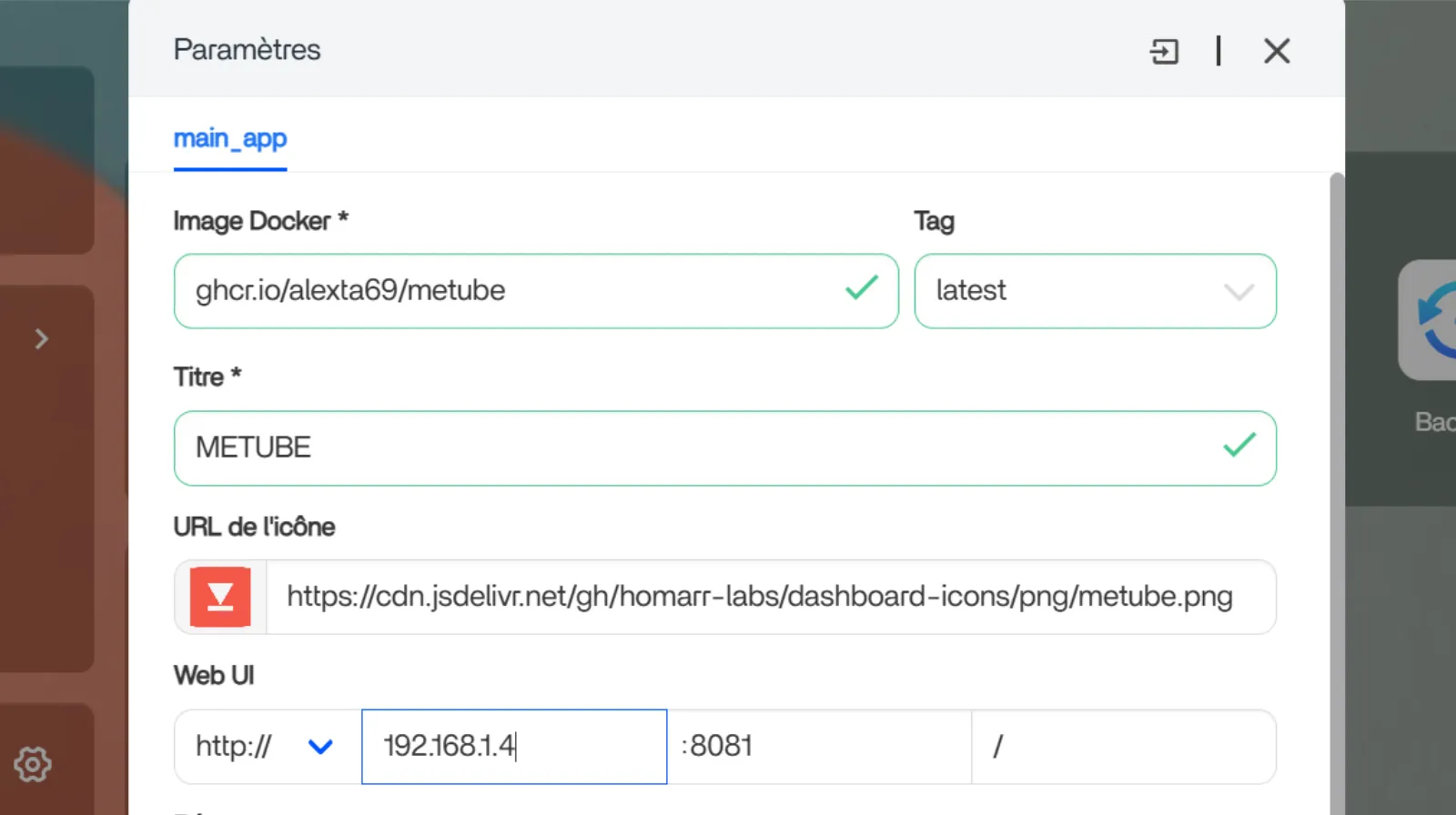 L’espace Web UI en inscrivant en dur l’IP locale du serveur qui s’affiche en filigrane