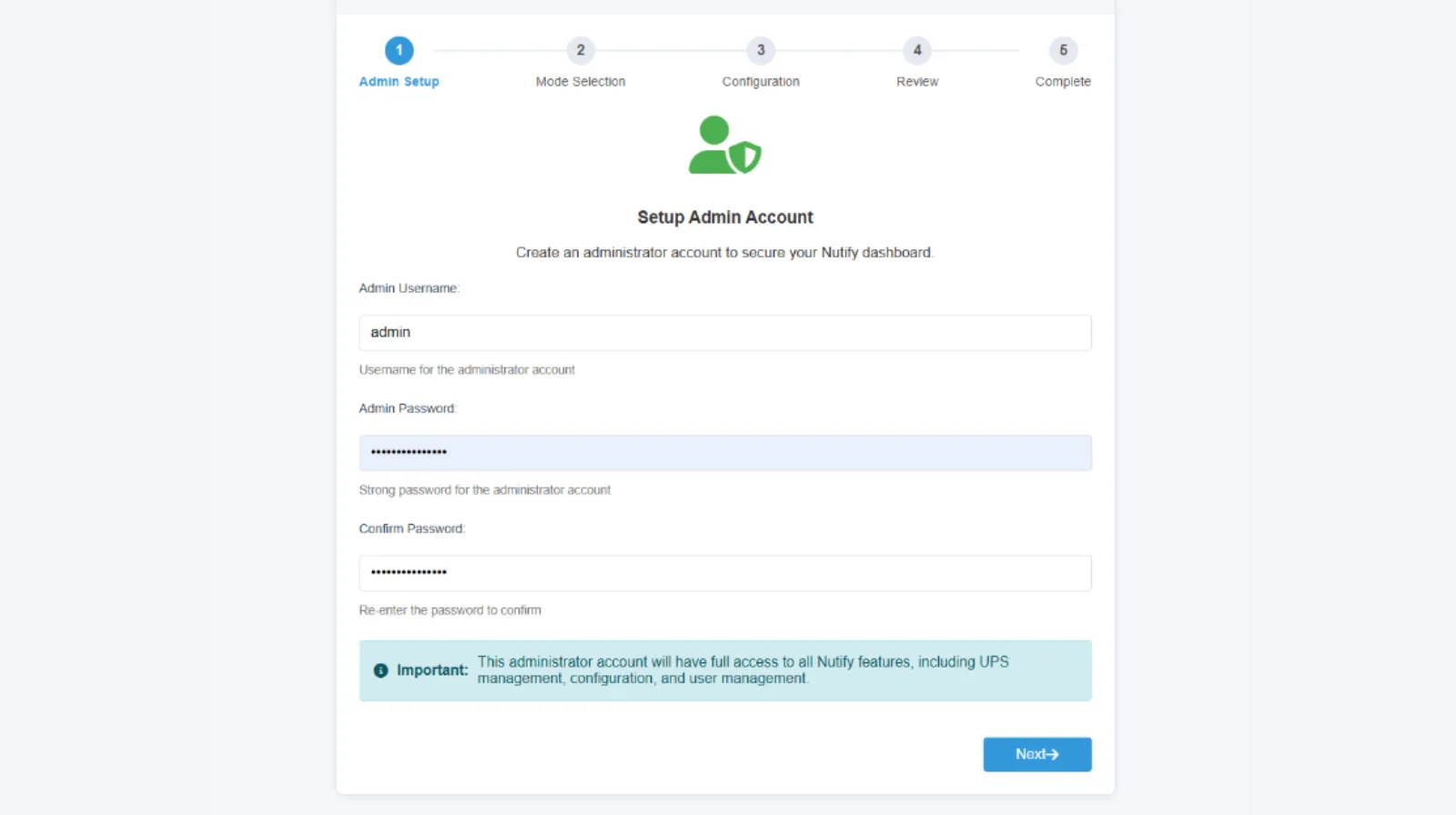 Indiquez un mot de passe pour le compte admin