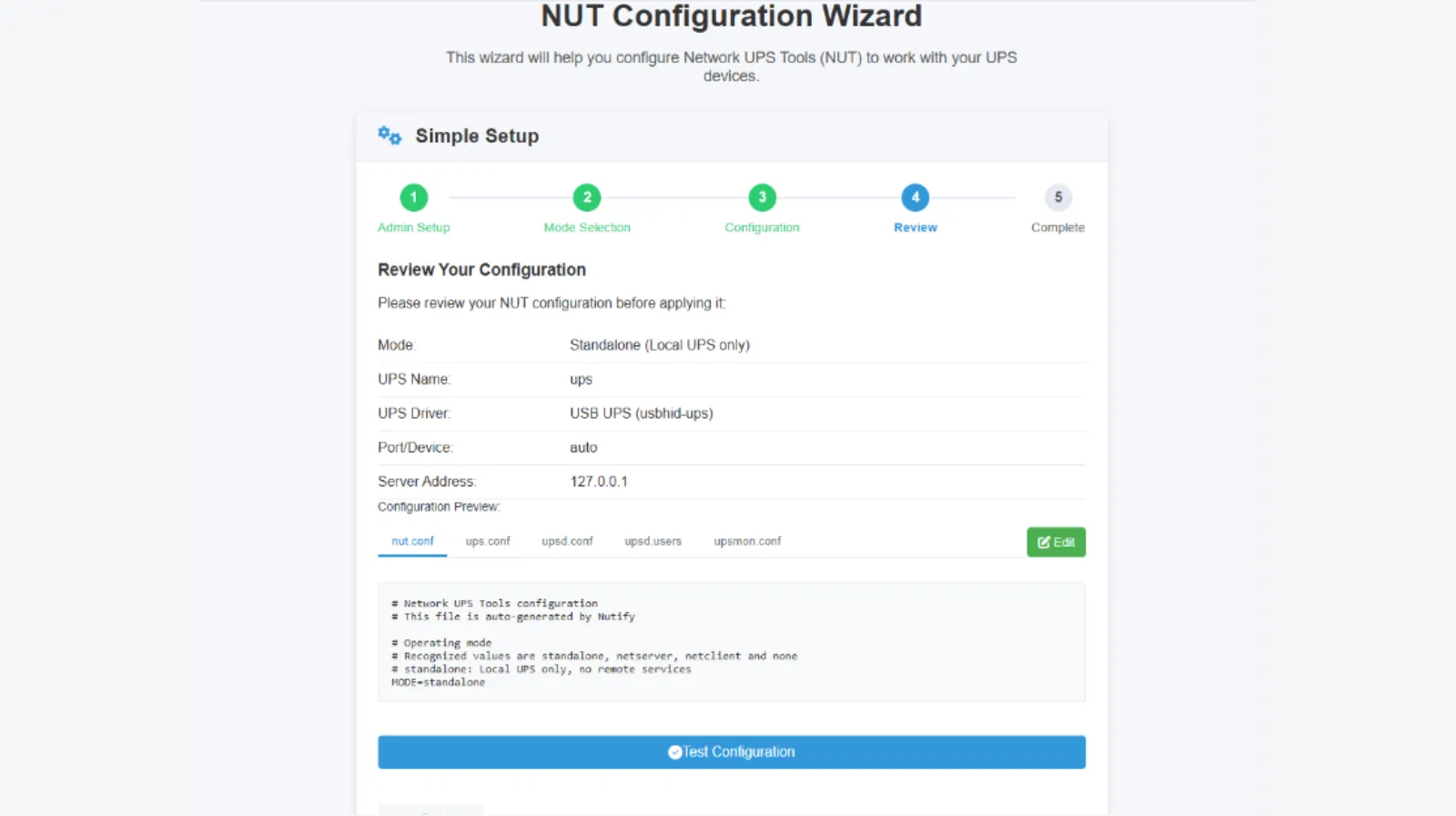 Activer Test Configuration