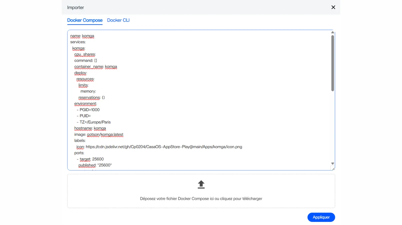 Copier-coller dans la fenêtre le code de configuration