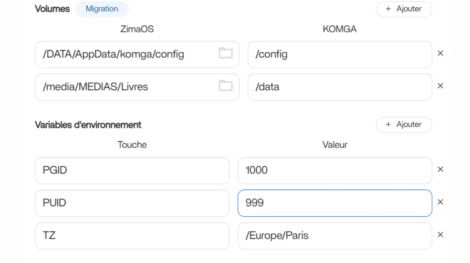 Indiquez votre PUID et PGID
