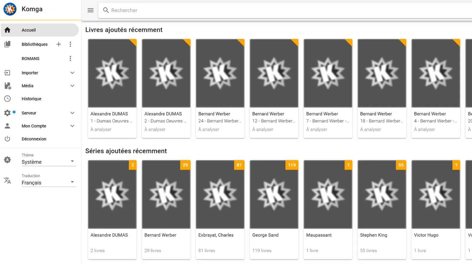 Komga procède au scan de votre nouvelle étagère et affichera progressivement la couverture de vos livres.