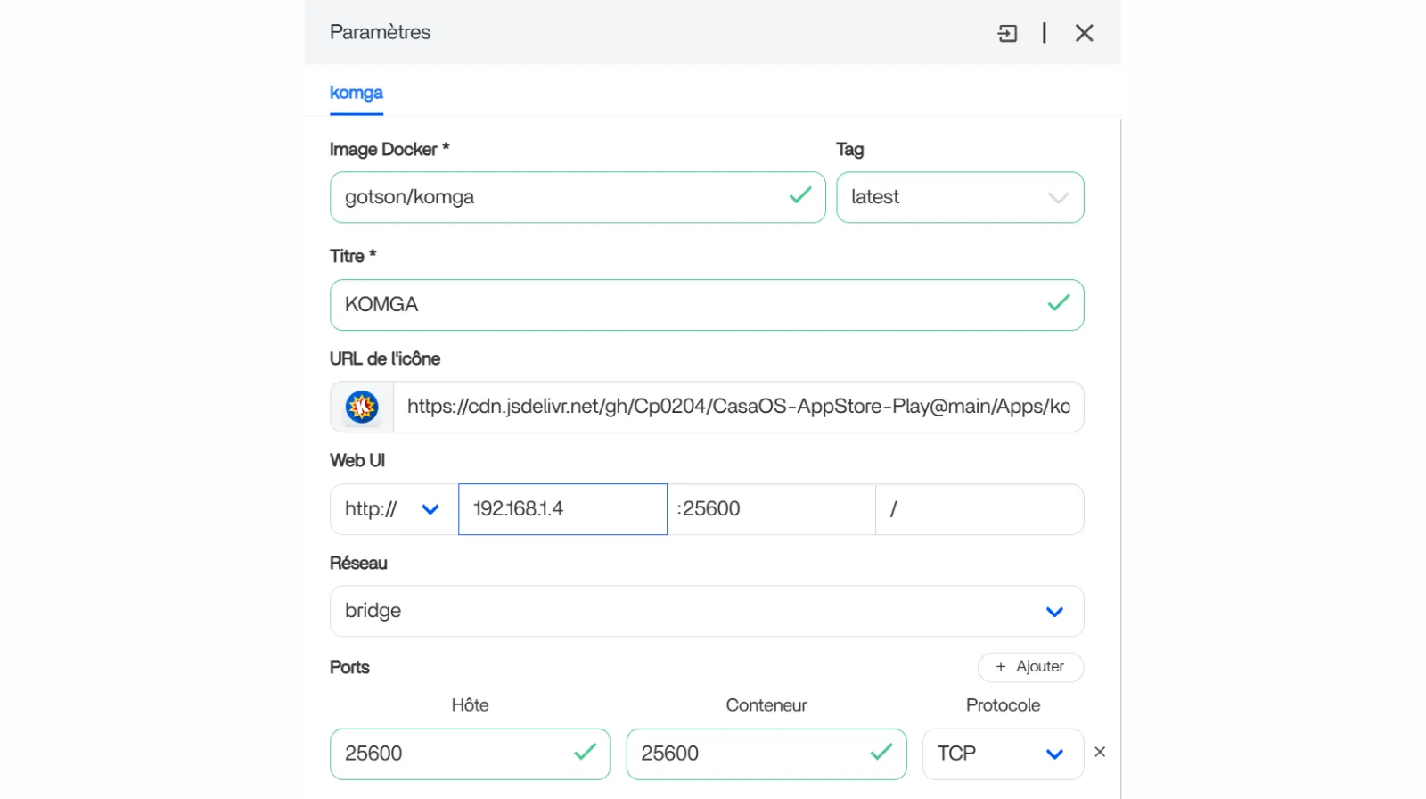 Sur le Panneau Paramètres, maintenant pré-rempli, modifiez,