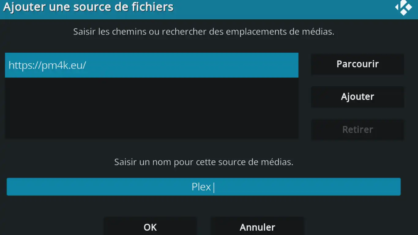 Kodi comme client Plex - Nommer le dépôt