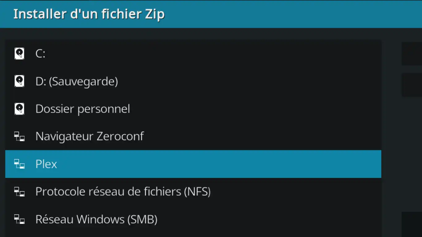 Kodi comme client Plex - Sélection dépôt
