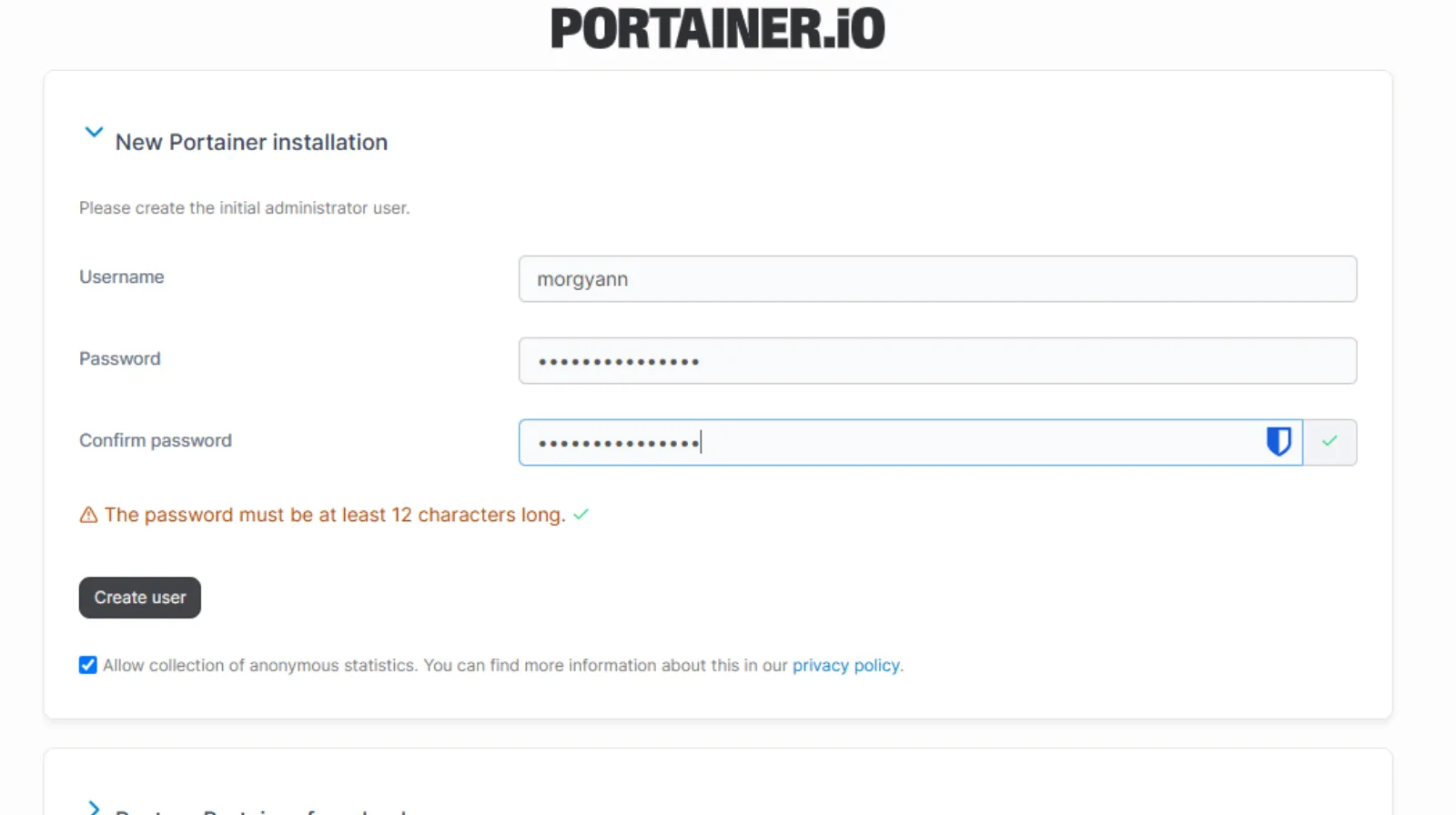 remplissez les champs et – Create user