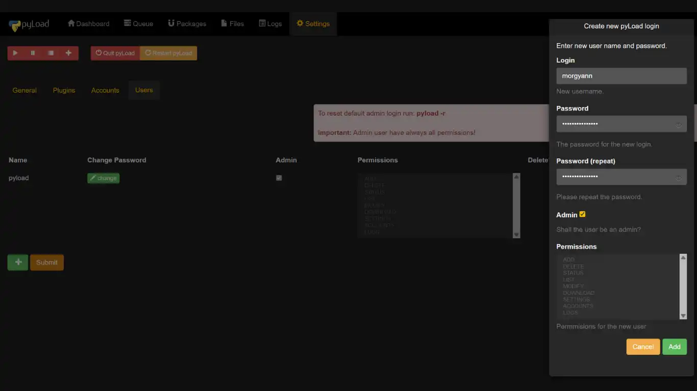 installer pyload changer le login et passe