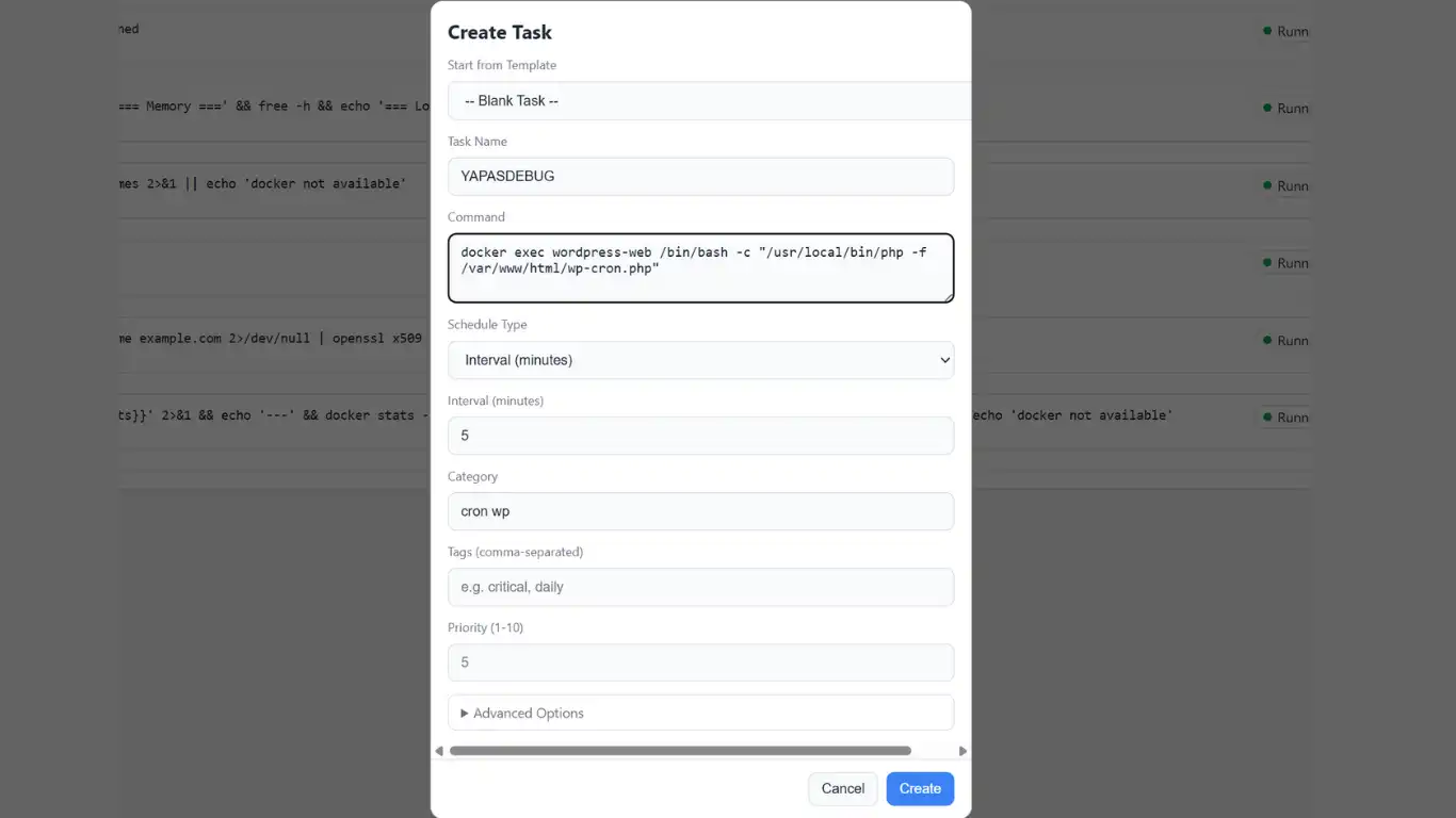Cron WordPress sur ZimaOS - configuration panneau zima-cron