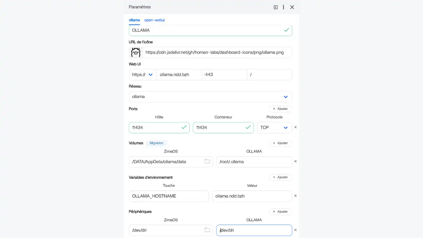 Ollama + WebUI - Configuration console avec igpu intel
