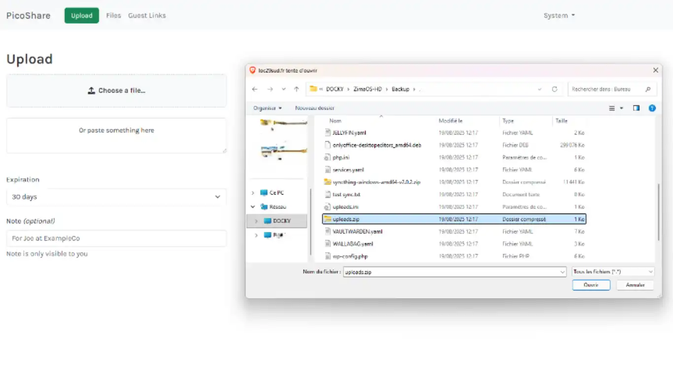 PicoShare Installation - créer un lien fichier