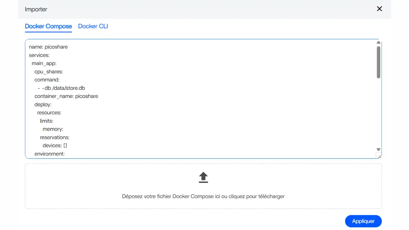 PicoShare - installation -copier coller le yaml