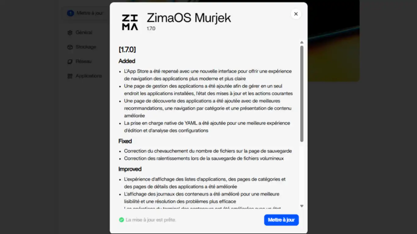 Mise à jour 1.7.0 - infos amélioration mise à jour zimaos infos