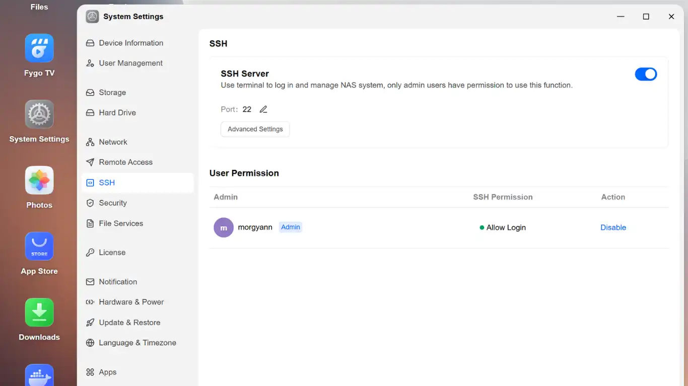 Termix Installation sur FygoOS - Activez SSH Server