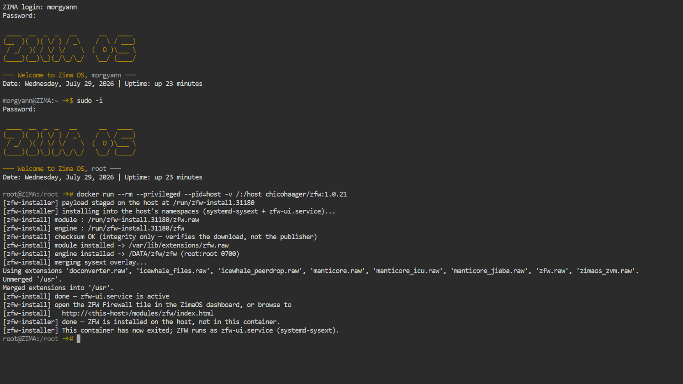 ZFW installation simple SSH