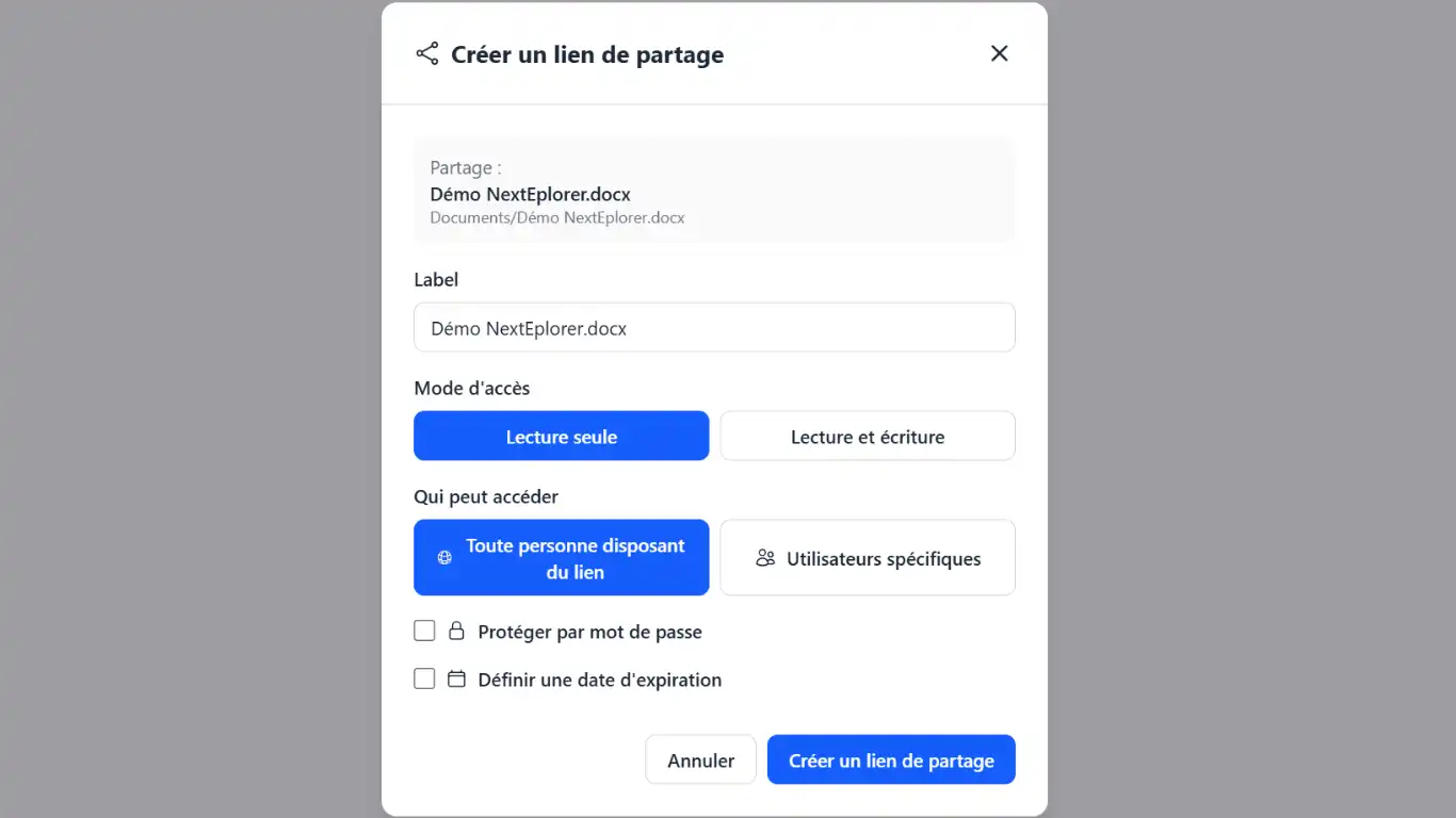 NextExplorer - Créer un lien